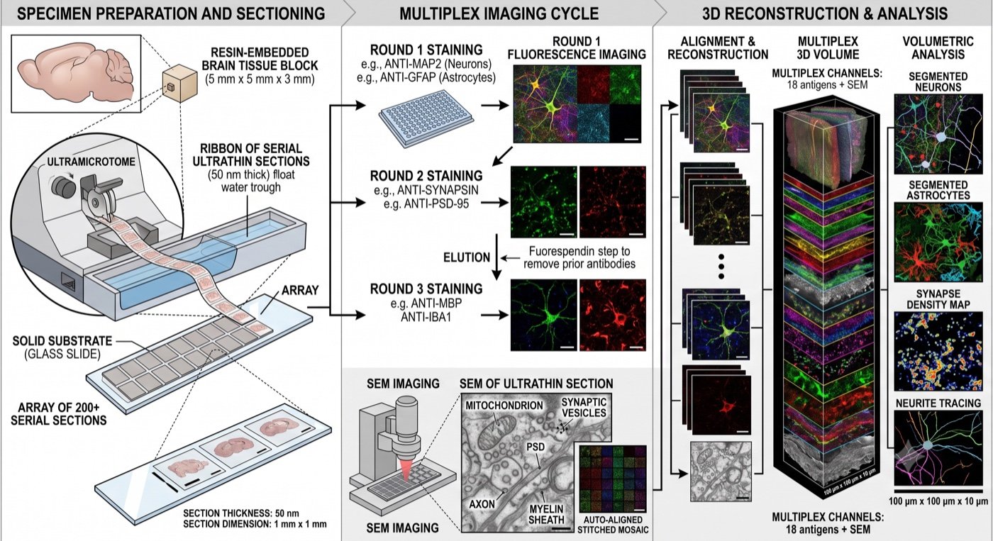 Diagram of the Array Tomography workflow: serial ultrathin brain sections, multiplex fluorescent imaging, and 3D reconstruction for synaptic analysis.