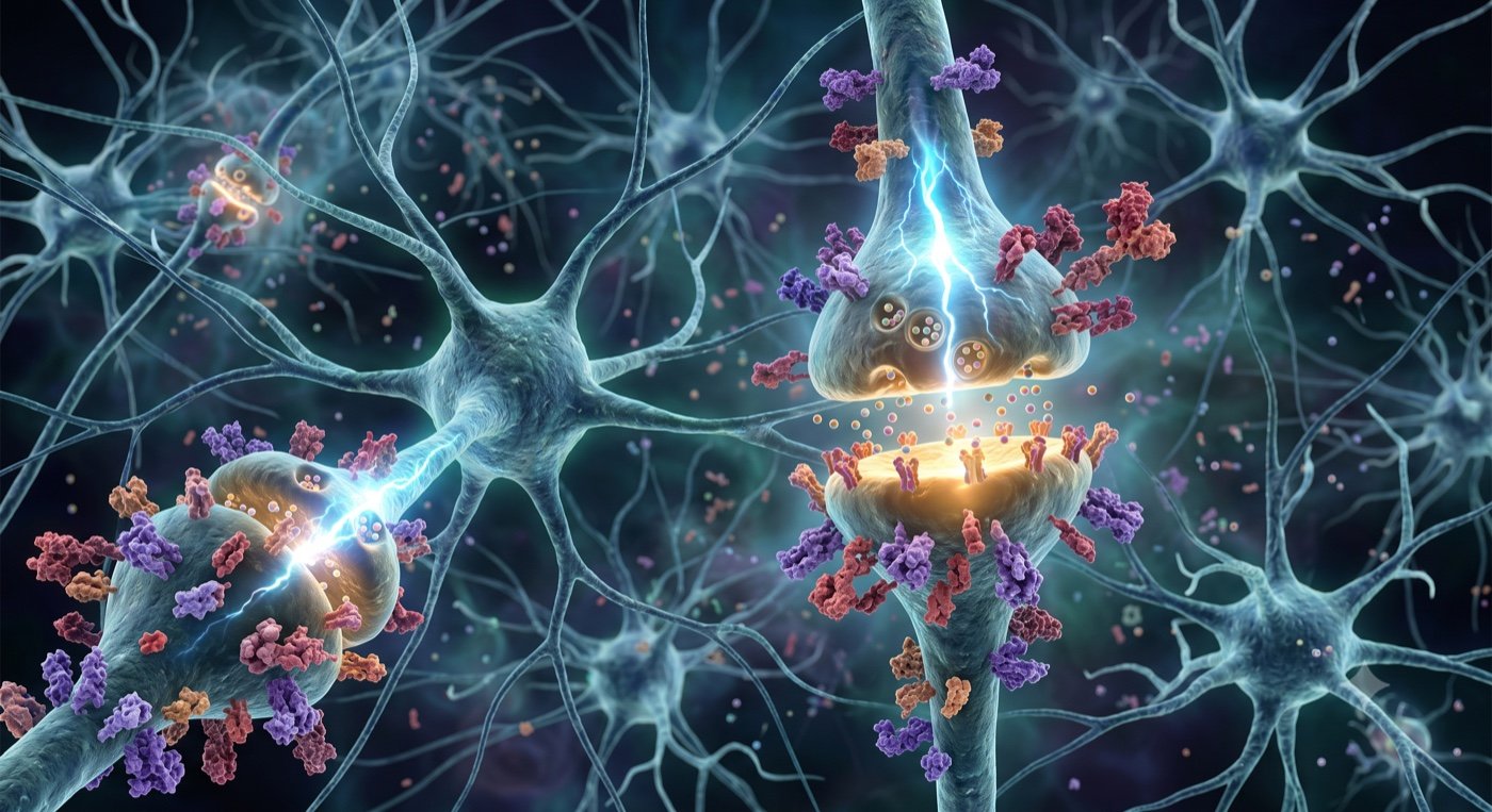 Illustration of proteins at a synapse between neurons, depicting molecular signaling at the neural connection.